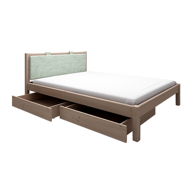 经典单人床配绿色软靠垫+床下双抽屉-褐色90cm