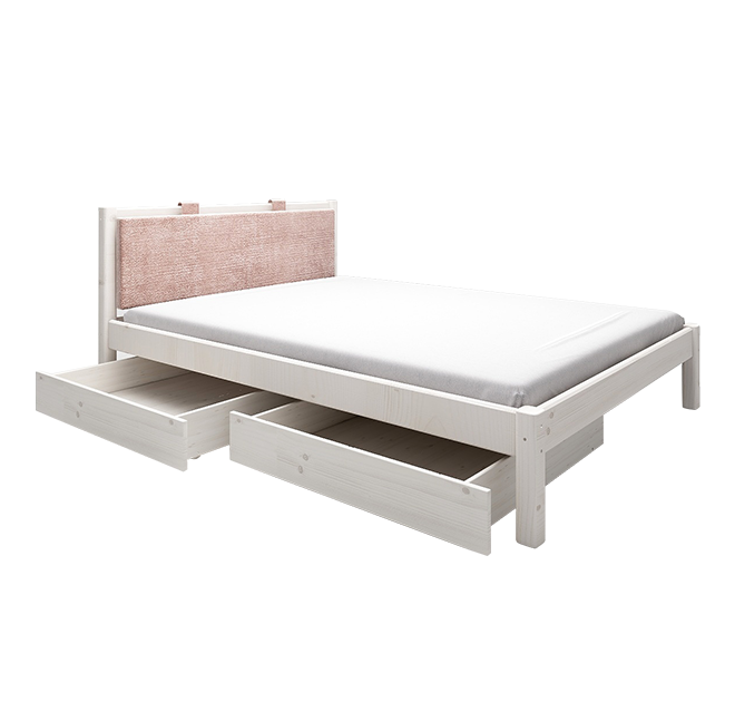 经典单人床配粉色软靠垫+床下双抽屉-白色120cm
