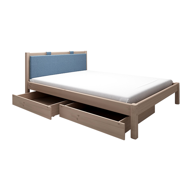 经典单人床配蓝色软靠垫+床下双抽屉-褐色120cm