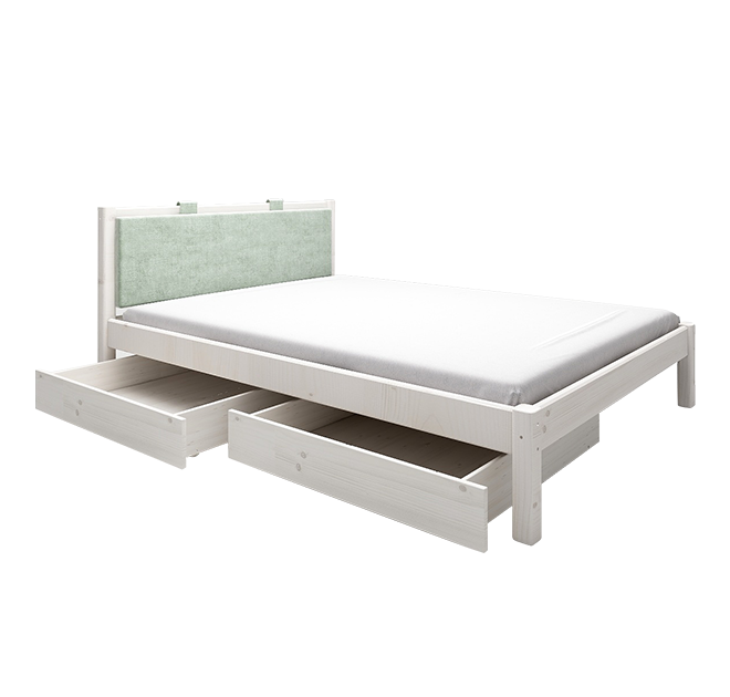 经典单人床配绿色软靠垫+床下双抽屉-白色140cm