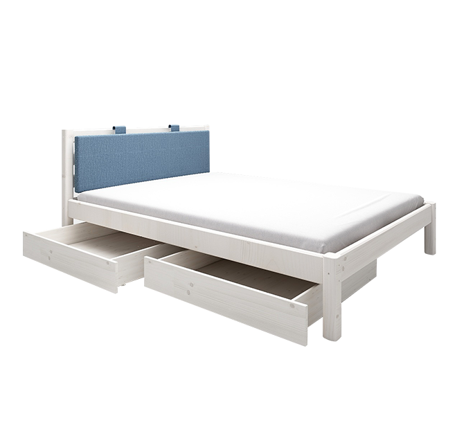 经典单人床配蓝色软靠垫+床下双抽屉-白色140cm