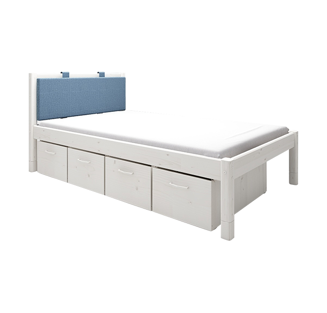经典单人床配蓝色软靠垫+床下四抽屉-白色90cm