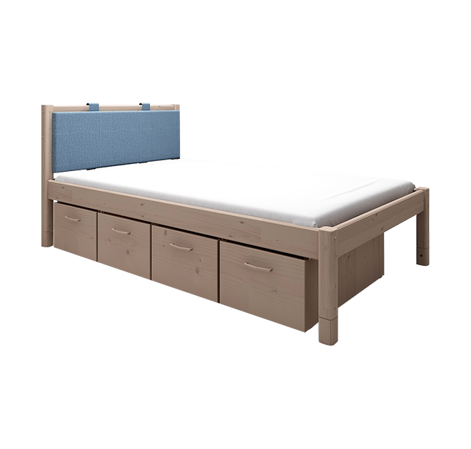 经典单人床配蓝色软靠垫+床下四抽屉-褐色90cm