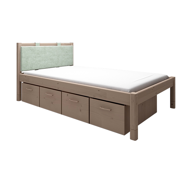 经典单人床配绿色软靠垫+床下四抽屉-褐色120cm