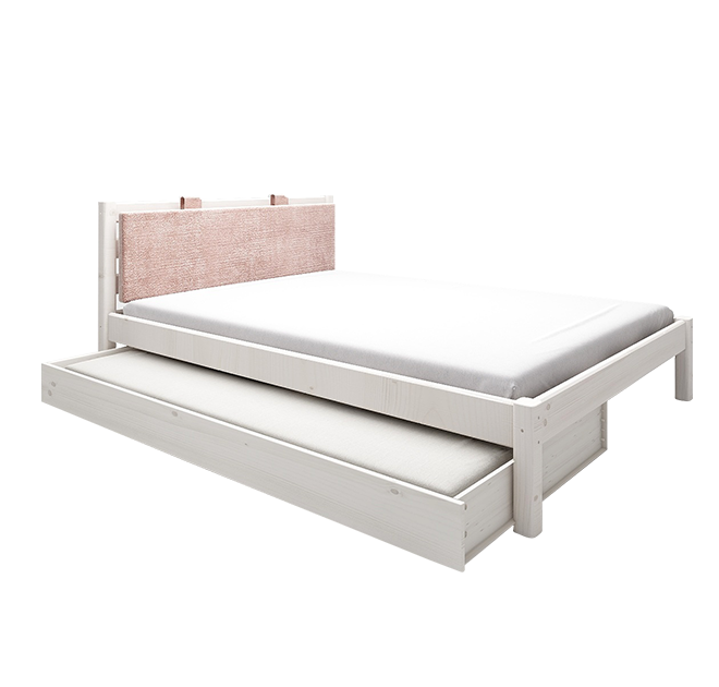 经典单人床配粉色软靠垫+床下抽拉床-白色90cm