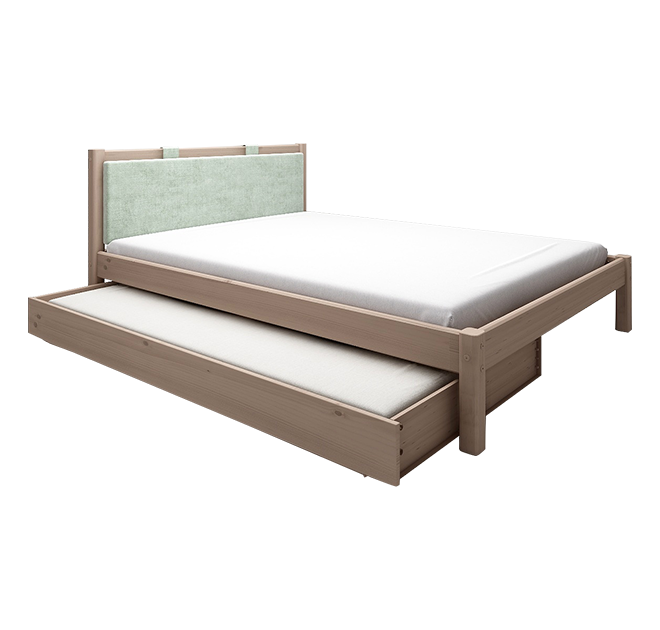经典单人床配绿色软靠垫+床下抽拉床-褐色90cm