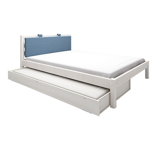 经典单人床配蓝色软靠垫+床下抽拉床-白色90cm