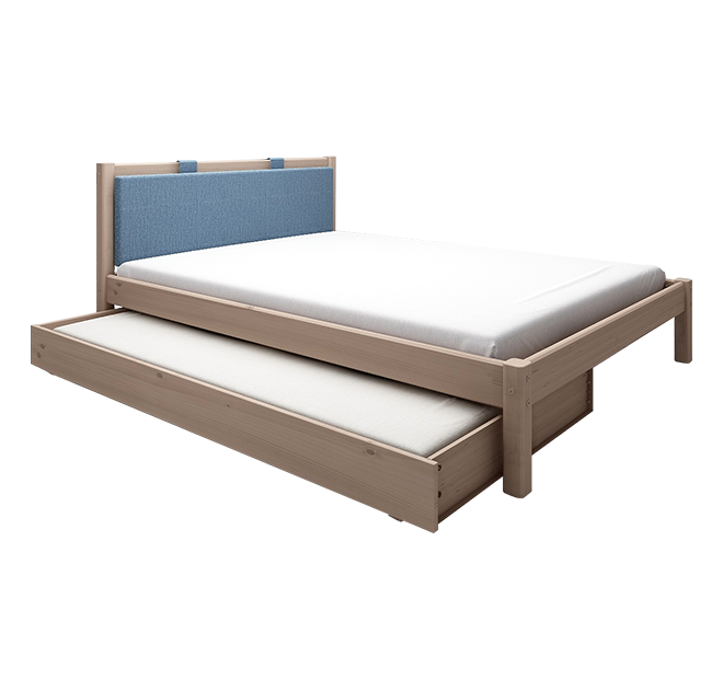经典单人床配蓝色软靠垫+床下抽拉床-褐色120cm