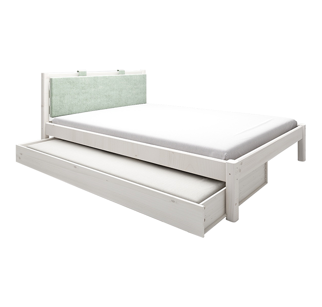经典单人床配绿色软靠垫+床下抽拉床-白色140cm